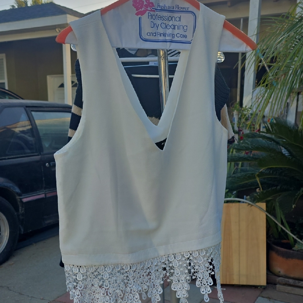 Aqua White Crop Top with Lace Trim